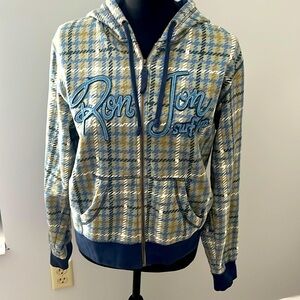 Ron Jon rare split name zippered hoodie plaid pattern blue, white, grey and tan